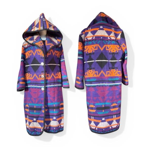 Vintage Jackets & Blazers - Vintage Jofeld Wool Aztec Long Full Length Hooded Coat Conch Buttons Medium